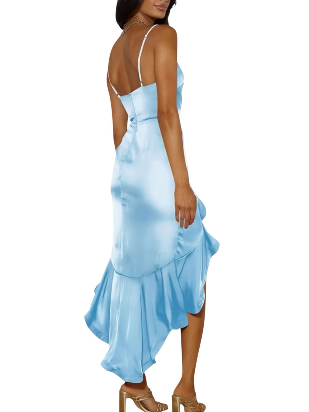 Light Blue Satin Ruffle High-Low Dress - Picture 2 of 10